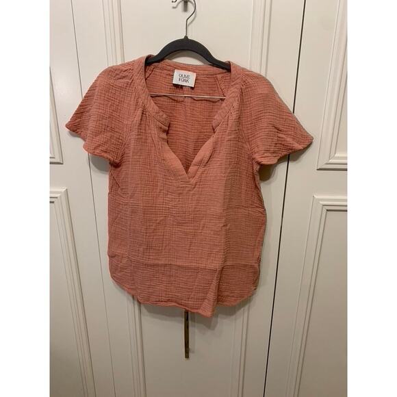 Olive & Oak Women's Medium Pink V-Neck Textured Blouse Short Sleeve Casual Top - Picture 2 of 6